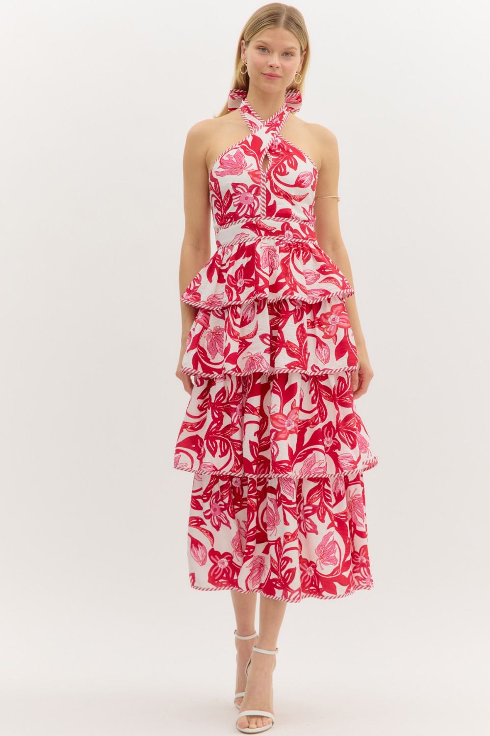 RUFFLED RED HALTER DRESS
