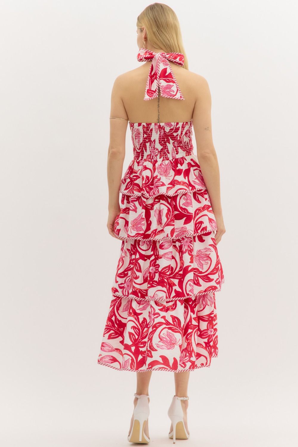 RUFFLED RED HALTER DRESS