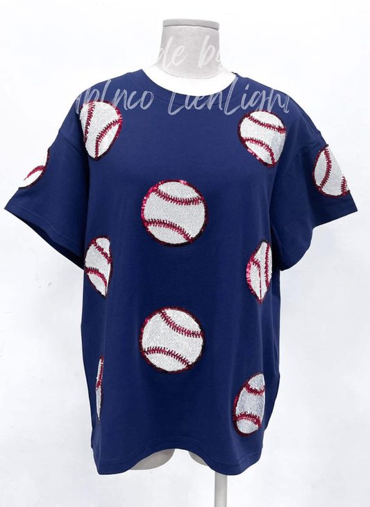 Navy Baseball Game Day Sequins Beading T-Shirt