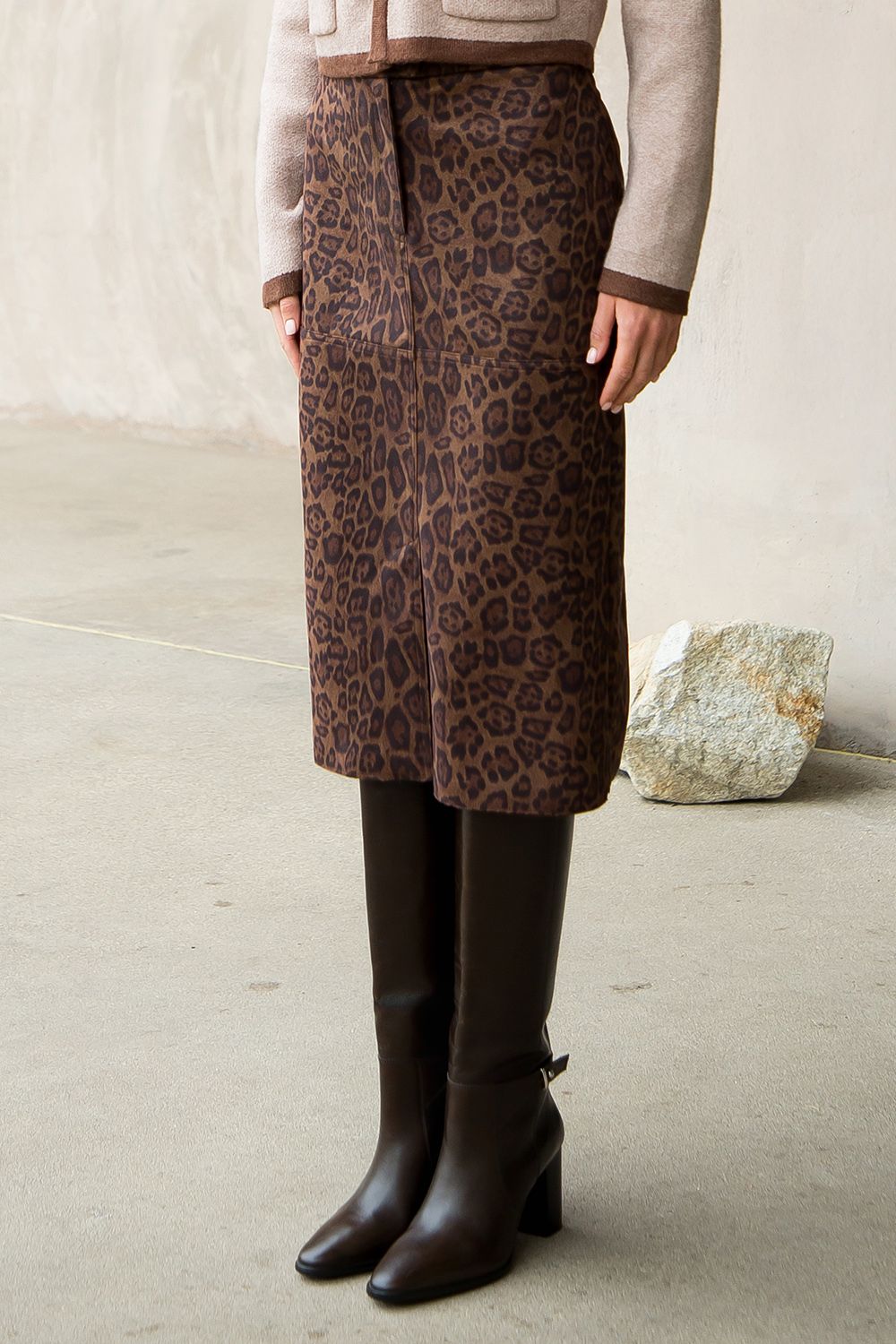 THML LEOPARD MIDI SUEDE SKIRT