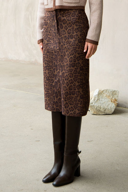 THML LEOPARD MIDI SUEDE SKIRT
