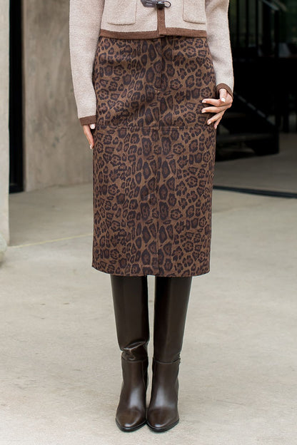 THML LEOPARD MIDI SUEDE SKIRT