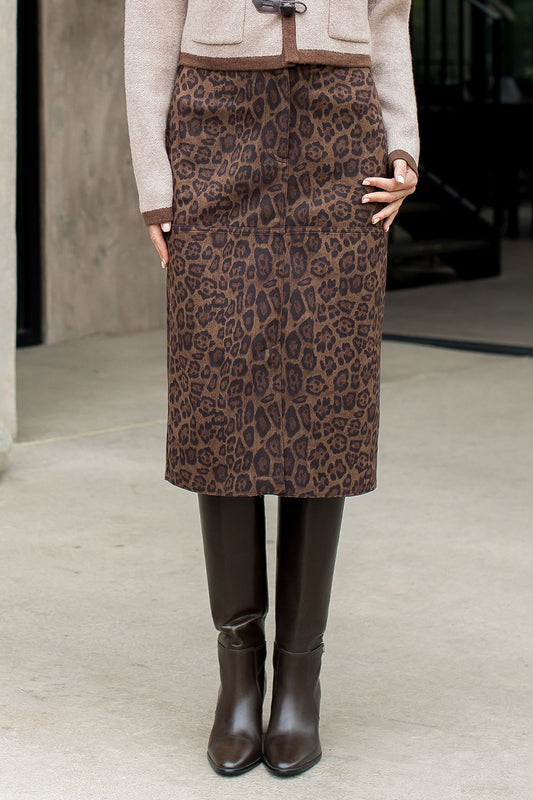 THML LEOPARD MIDI SUEDE SKIRT